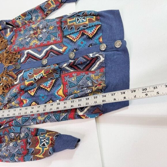 VTG Young Stuff Top Shirt Womens Small Aztec Fringe Festival Boho Blue Southwest - Picture 2 of 8